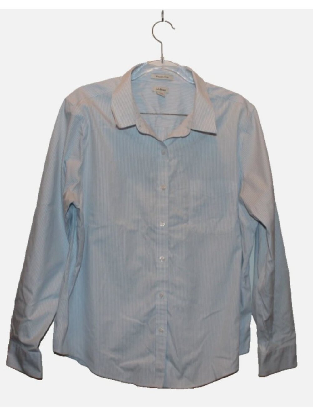 L.L. Bean White Blue Striped Shirt Button Front Wrinkle Free Cotton Petite L
